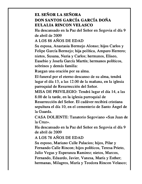 DON SANTOS GARCÍA GARCÍA DOÑA EULALIA RINCON VELASCO