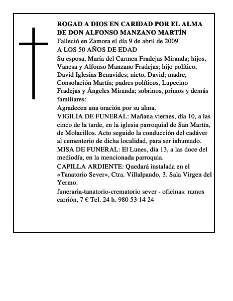 ROGAD A DIOS EN CARIDAD POR EL ALMA DE DON ALFONSO MANZANO MARTÍN