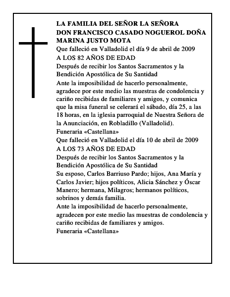 DON FRANCISCO CASADO NOGUEROL DOÑA MARINA JUSTO MOTA