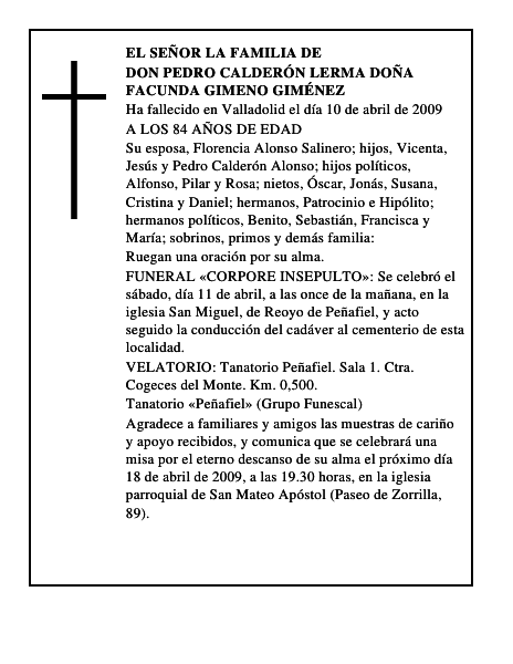 DON PEDRO CALDERÓN LERMA DOÑA FACUNDA GIMENO GIMÉNEZ