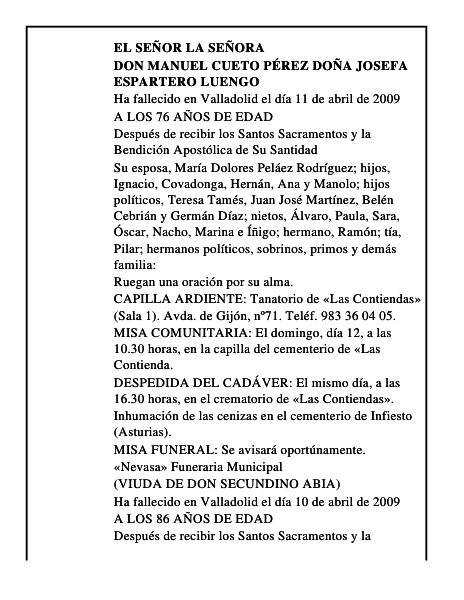 DON MANUEL CUETO PÉREZ DOÑA JOSEFA ESPARTERO LUENGO