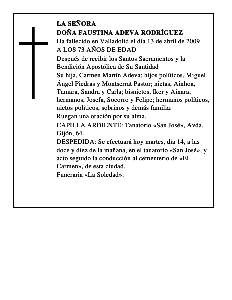 DOÑA FAUSTINA ADEVA RODRÍGUEZ