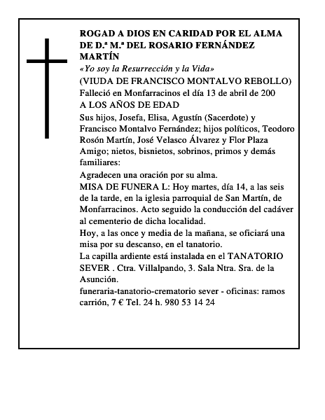 ROGAD A DIOS EN CARIDAD POR EL ALMA DE D.ª M.ª DEL ROSARIO FERNÁNDEZ MARTÍN