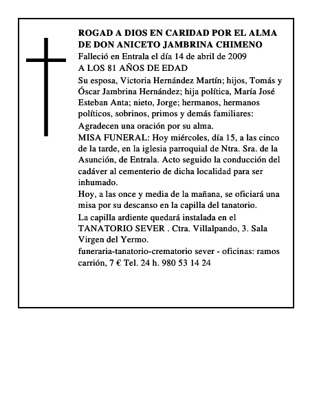 ROGAD A DIOS EN CARIDAD POR EL ALMA DE DON ANICETO JAMBRINA CHIMENO