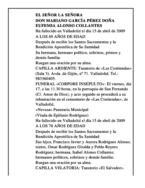 DON MARIANO GARCÍA PÉREZ DOÑA EUFEMIA ALONSO COLLANTES