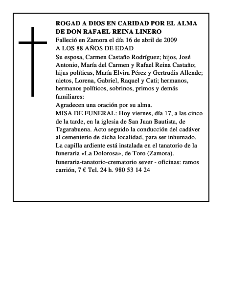ROGAD A DIOS EN CARIDAD POR EL ALMA DE DON RAFAEL REINA LINERO