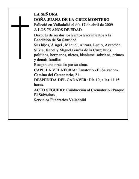 DOÑA JUANA DE LA CRUZ MONTERO