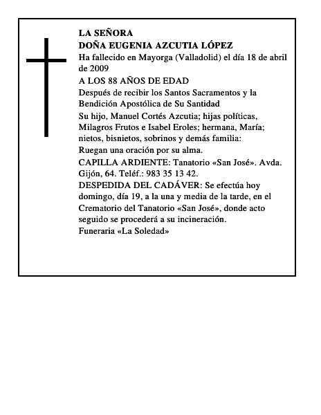 DOÑA EUGENIA AZCUTIA LÓPEZ