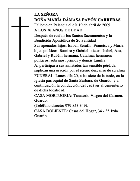DOÑA MARÍA DÁMASA PAVÓN CARRERAS