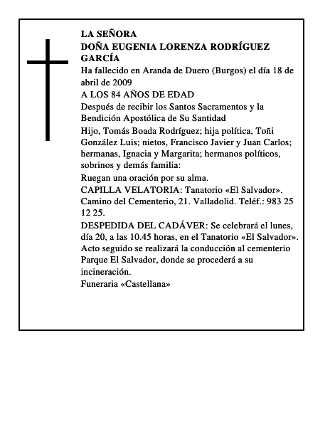 DOÑA EUGENIA LORENZA RODRÍGUEZ GARCÍA