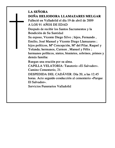 DOÑA HELIODORA LLAMAZARES MELGAR