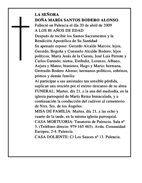 DOÑA MARÍA SANTOS BODERO ALONSO