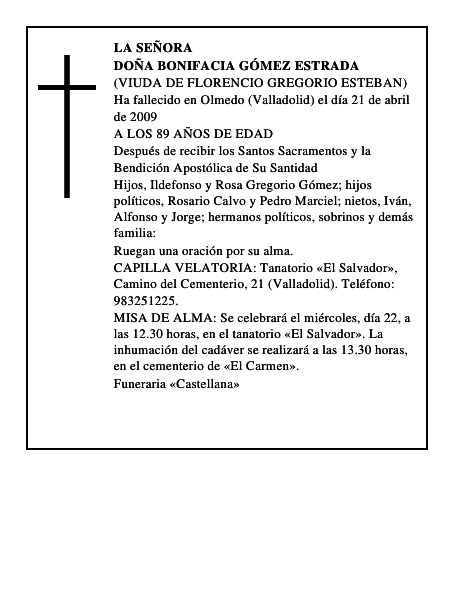 DOÑA BONIFACIA GÓMEZ ESTRADA