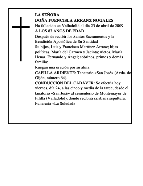 DOÑA FUENCISLA ARRANZ NOGALES