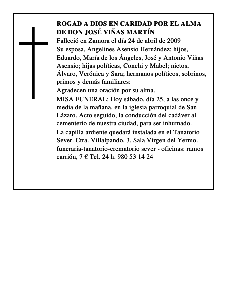 ROGAD A DIOS EN CARIDAD POR EL ALMA DE DON JOSÉ VIÑAS MARTÍN