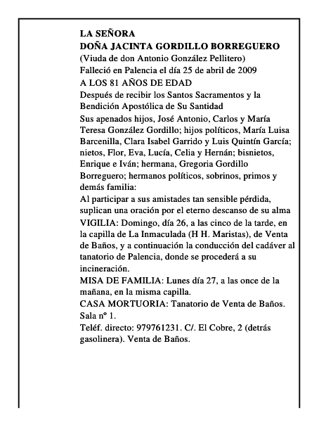 DOÑA JACINTA GORDILLO BORREGUERO