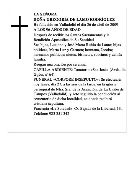 DOÑA GREGORIA DE LAMO RODRÍGUEZ