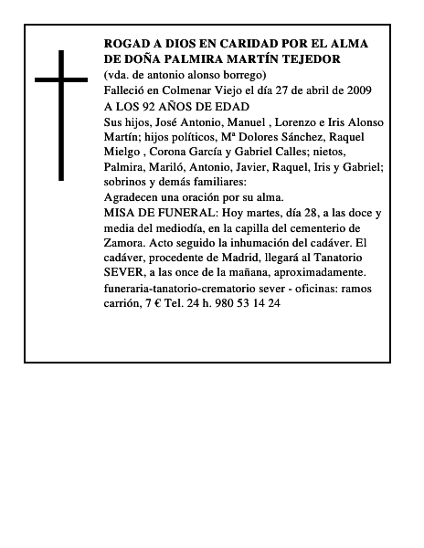 ROGAD A DIOS EN CARIDAD POR EL ALMA DE DOÑA PALMIRA MARTÍN TEJEDOR