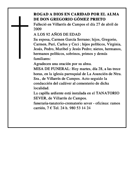 ROGAD A DIOS EN CARIDAD POR EL ALMA DE DON GREGORIO GÓMEZ PRIETO