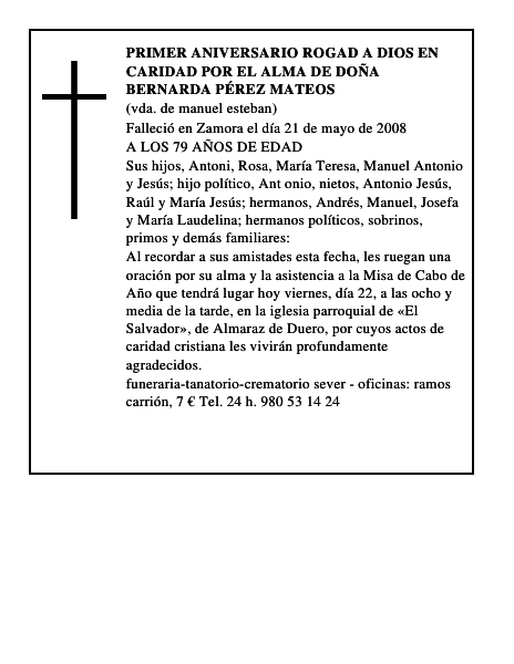 primer aniversario rogad a dios en caridad por el alma de DOÑA BERNARDA PÉREZ MATEOS