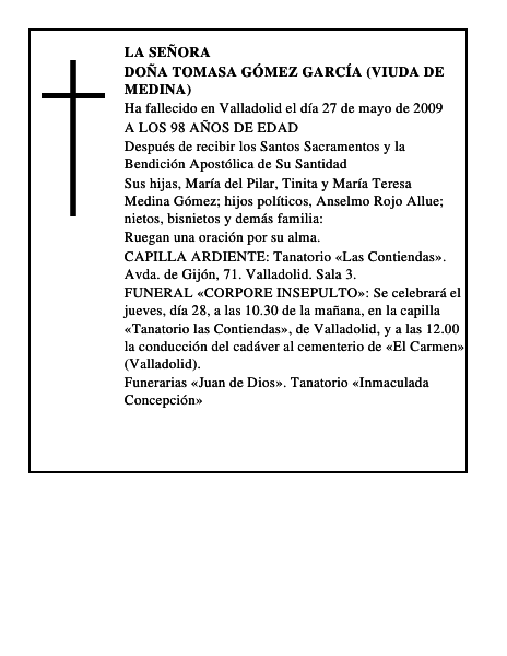 DOÑA TOMASA GÓMEZ GARCÍA (VIUDA DE MEDINA)