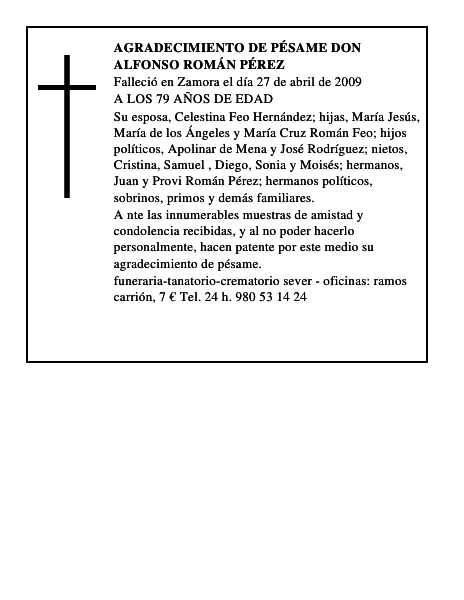 AGRADECIMIENTO DE PÉSAME DON ALFONSO ROMÁN PÉREZ