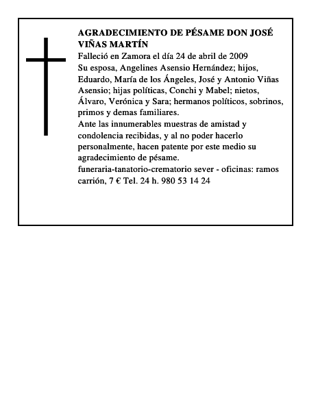 AGRADECIMIENTO DE PÉSAME DON JOSÉ VIÑAS MARTÍN
