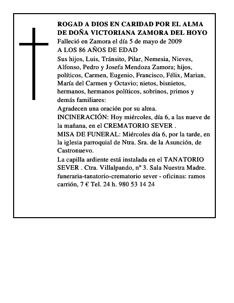 ROGAD A DIOS EN CARIDAD POR EL ALMA DE DOÑA VICTORIANA ZAMORA DEL HOYO