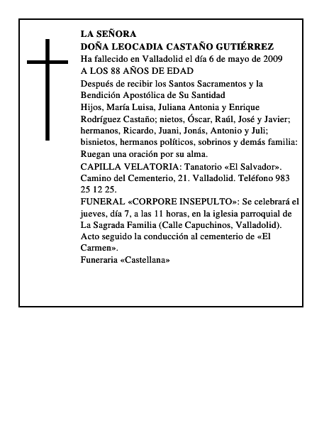 DOÑA LEOCADIA CASTAÑO GUTIÉRREZ