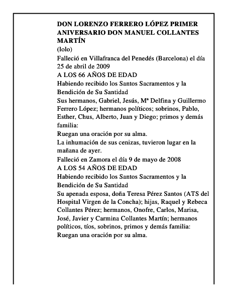DON LORENZO FERRERO LÓPEZ PRIMER ANIVERSARIO DON MANUEL COLLANTES MARTÍN
