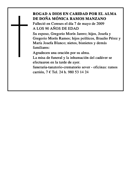 ROGAD A DIOS EN CARIDAD POR EL ALMA DE DOÑA MÓNICA RAMOS MANZANO