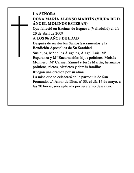 DOÑA MARÍA ALONSO MARTÍN (VIUDA DE D. ÁNGEL MOLINOS ESTEBAN)