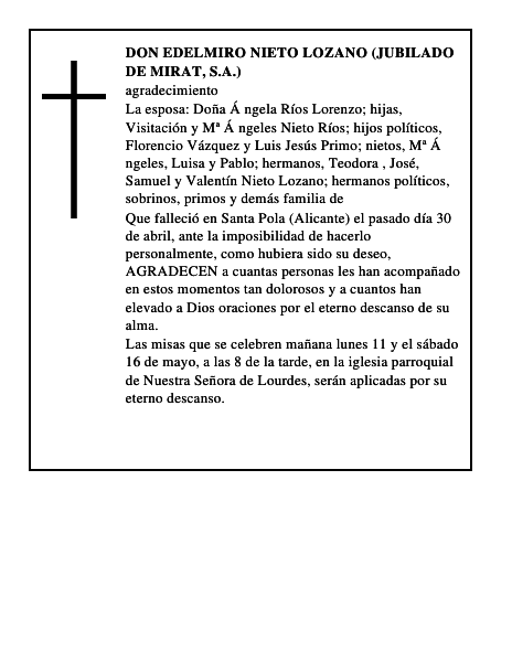 DON EDELMIRO NIETO LOZANO (JUBILADO DE MIRAT, S.A.)