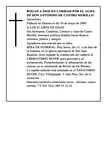 ROGAD A DIOS EN CARIDAD POR EL ALMA DE DON ANTONINO DE CASTRO MORILLO