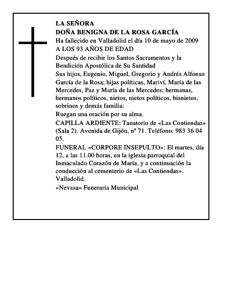 DOÑA BENIGNA DE LA ROSA GARCÍA