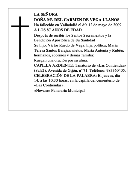DOÑA Mª. DEL CARMEN DE VEGA LLANOS