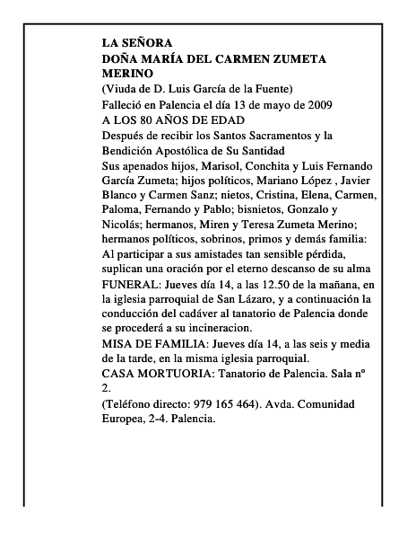 DOÑA MARÍA DEL CARMEN ZUMETA MERINO