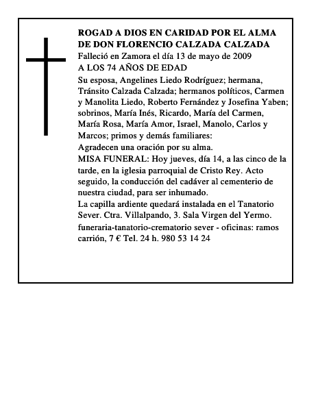 ROGAD A DIOS EN CARIDAD POR EL ALMA DE DON FLORENCIO CALZADA CALZADA