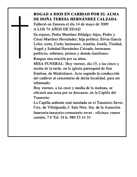 ROGAD A DIOS EN CARIDAD POR EL ALMA DE DOÑA TERESA HERNÁNDEZ CALZADA