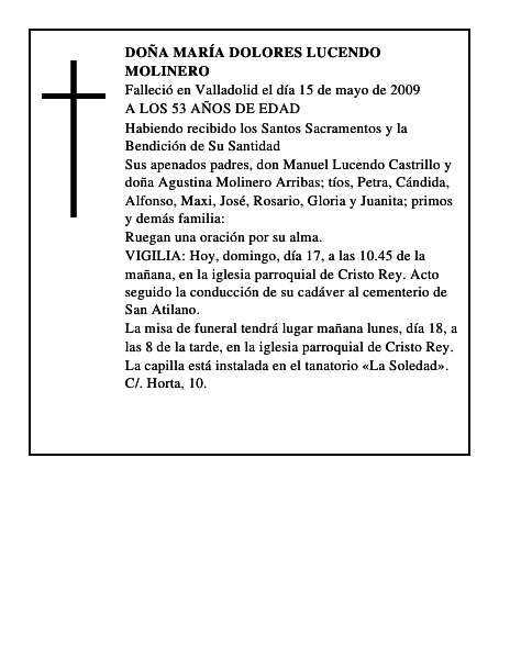 DOÑA MARÍA DOLORES LUCENDO MOLINERO