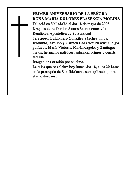 DOÑA MARÍA DOLORES PLASENCIA MOLINA
