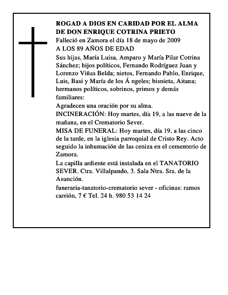ROGAD A DIOS EN CARIDAD POR EL ALMA DE DON ENRIQUE COTRINA PRIETO