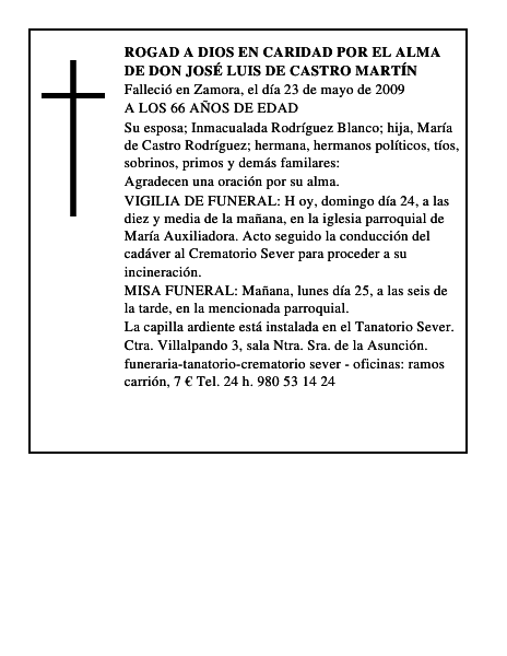 ROGAD A DIOS EN CARIDAD POR EL ALMA DE DON JOSÉ LUIS DE CASTRO MARTÍN