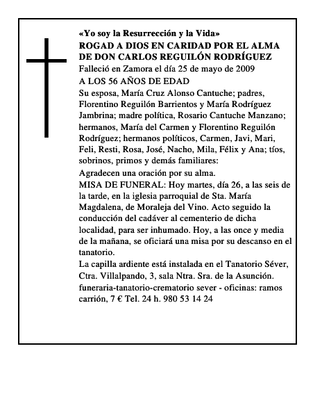 ROGAD A DIOS EN CARIDAD POR EL ALMA DE DON CARLOS REGUILÓN RODRÍGUEZ