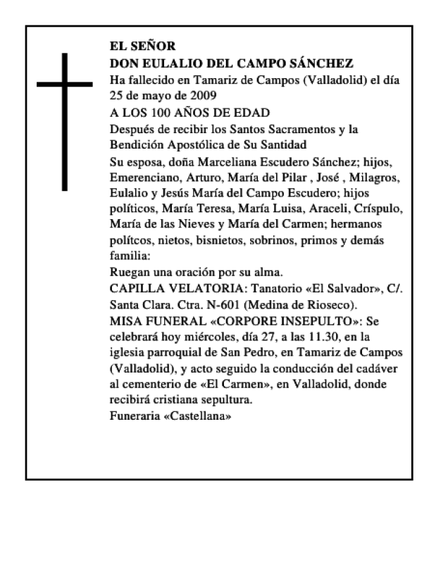 DON EULALIO DEL CAMPO SÁNCHEZ Esquela Necrológica El Norte de Castilla