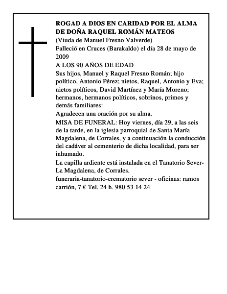 ROGAD A DIOS EN CARIDAD POR EL ALMA DE DOÑA RAQUEL ROMÁN MATEOS