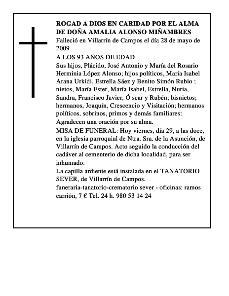 ROGAD A DIOS EN CARIDAD POR EL ALMA DE DOÑA AMALIA ALONSO MIÑAMBRES