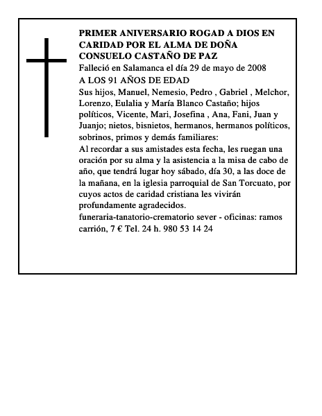 primer aniversario rogad a dios en caridad por el alma de DOÑA CONSUELO CASTAÑO DE PAZ