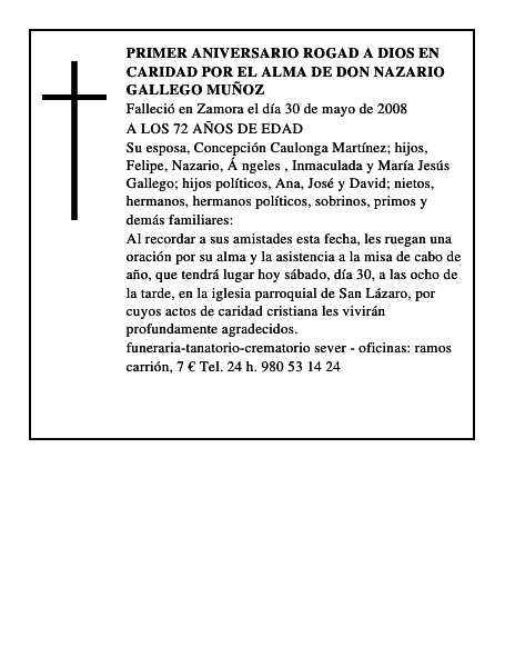 primer aniversario rogad a dios en caridad por el alma de DON NAZARIO GALLEGO MUÑOZ