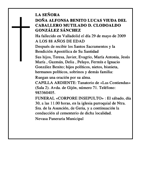 DOÑA ALFONSA BENITO LUCAS VIUDA DEL CABALLERO MUTILADO D. CLODOALDO GONZÁLEZ SÁNCHEZ